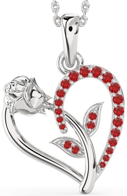Ruby Silver Heart Flower Necklace