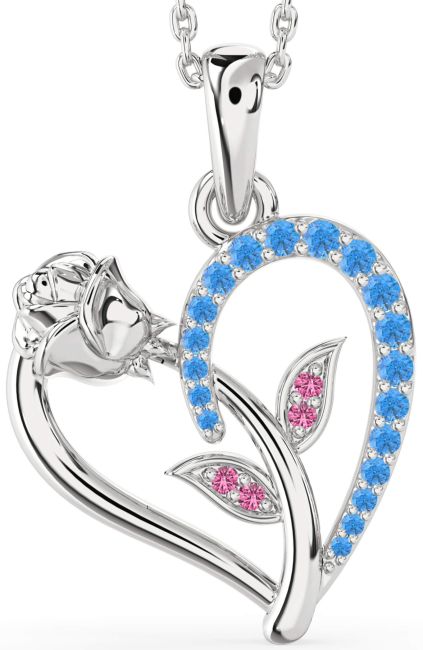 Swiss Blue Topaz & Pink Sapphire White Gold Heart Flower Necklace