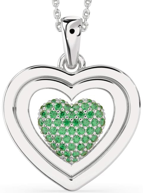 Large Emerald Silver Heart Necklace