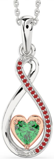 Emerald & Ruby Rose Gold Silver Infinity Heart Necklace