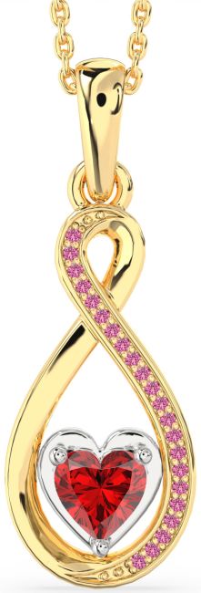 Ruby & Pink Sapphire Platinum & Yellow Gold Infinity Heart Necklace