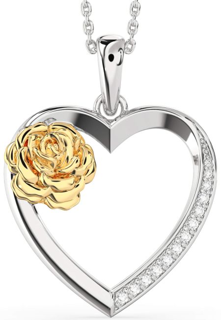 Large Diamond White Yellow Gold Heart Flower Necklace