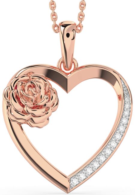 Large Diamond Rose Gold Heart Flower Necklace