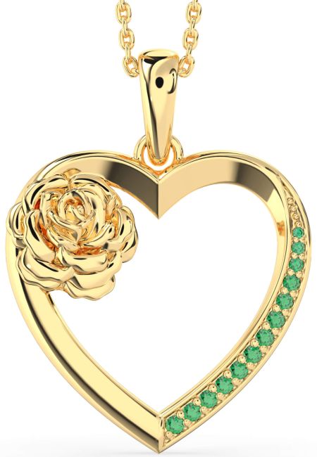 Large Emerald Gold Silver Heart Flower Necklace