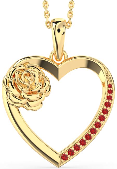 Large Ruby Gold Silver Heart Flower Necklace