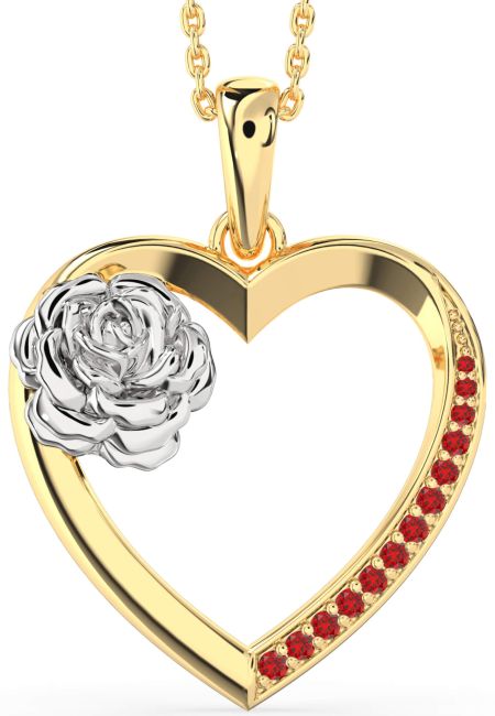 Large Ruby Gold Silver Heart Flower Necklace