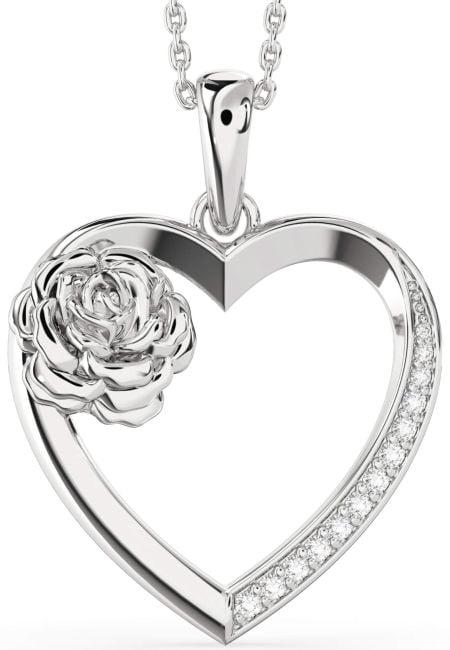 Large Diamond White Gold Heart Flower Necklace