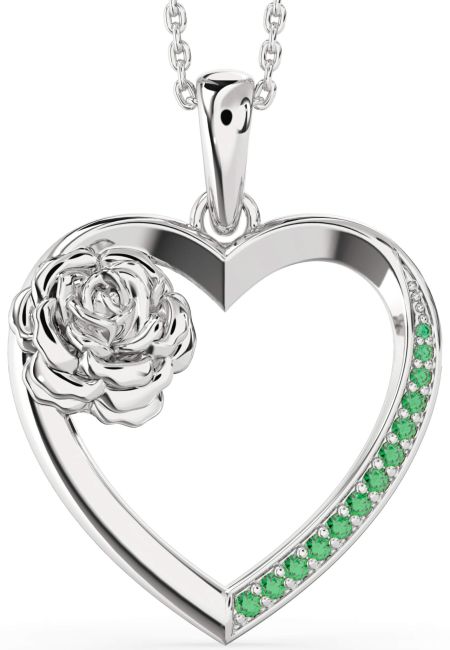 Large Emerald Silver Heart Flower Necklace