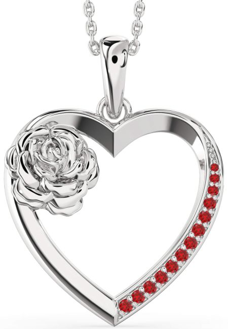 Large Ruby Silver Heart Flower Necklace