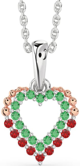 Emerald & Ruby Platinum & Rose Gold Heart Necklace
