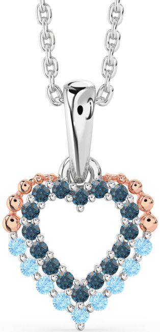 London Blue Topaz & Aquamarine Silver & 10K Rose Gold Heart Necklace