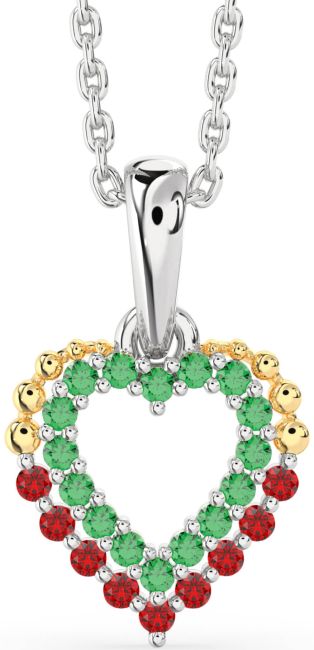 Emerald & Ruby Gold Silver Heart Necklace