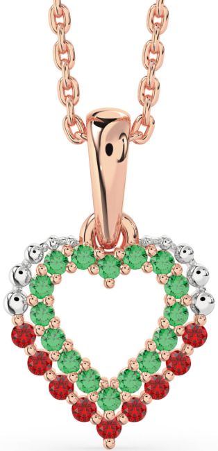 Emerald & Ruby Rose Gold Silver Heart Necklace