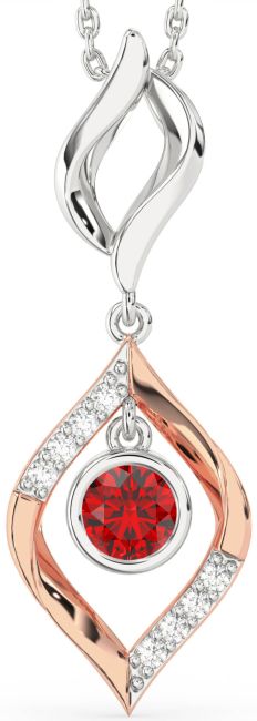 Large Diamond Ruby Rose Gold Silver Necklace