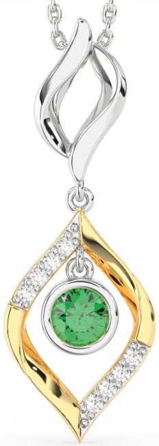 Large Diamond Emerald Gold Silver Necklace