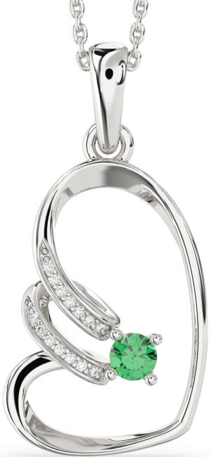 Diamond Emerald Silver Heart Necklace