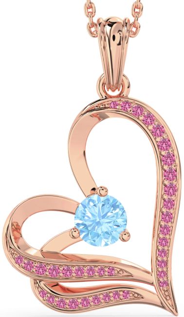 Aquamarine & Pink Sapphire Rose Gold Heart Necklace