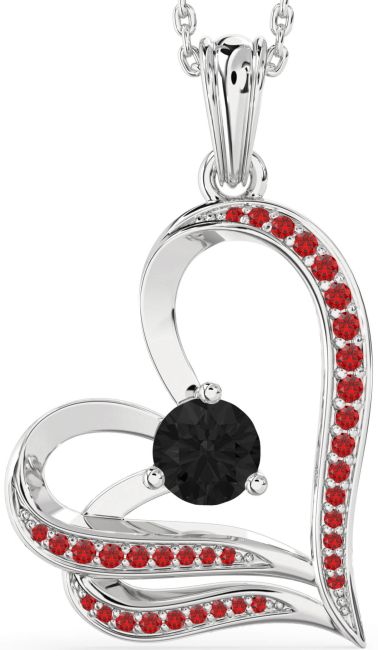 Black Diamond & Ruby Silver Heart Necklace