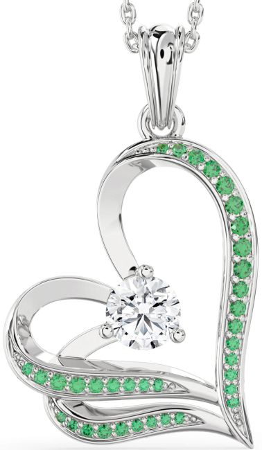 Emerald & Diamond Silver Heart Necklace