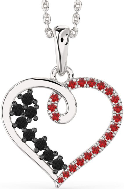 Black Diamond & Ruby Silver Heart Necklace