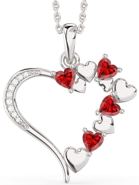 Large Diamond Ruby Silver Heart Birthstone Necklace