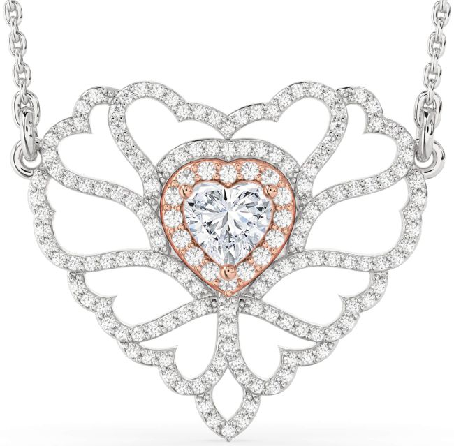 Large Diamond Silver & 10K Rose Gold Heart Necklace