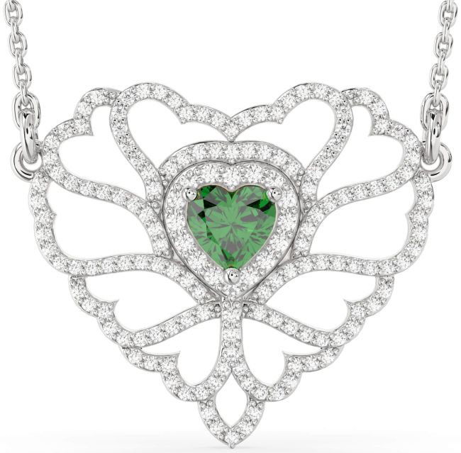 Large Diamond Emerald Silver Heart Necklace