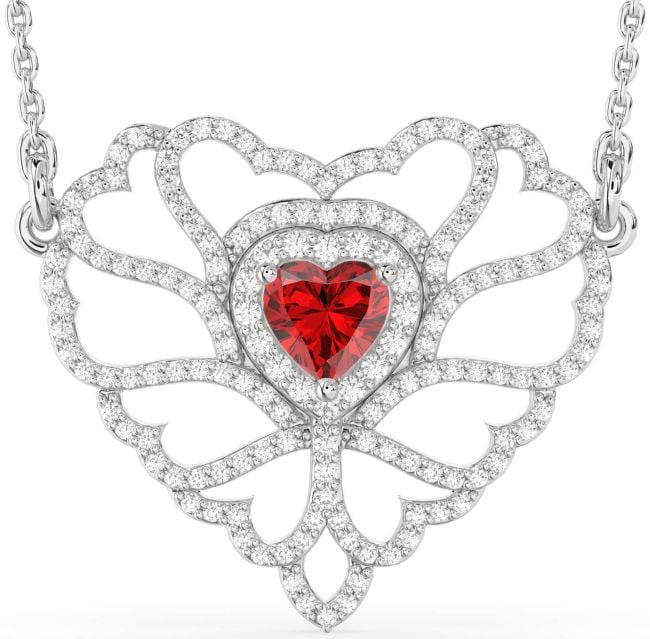 Large Diamond Ruby Silver Heart Necklace