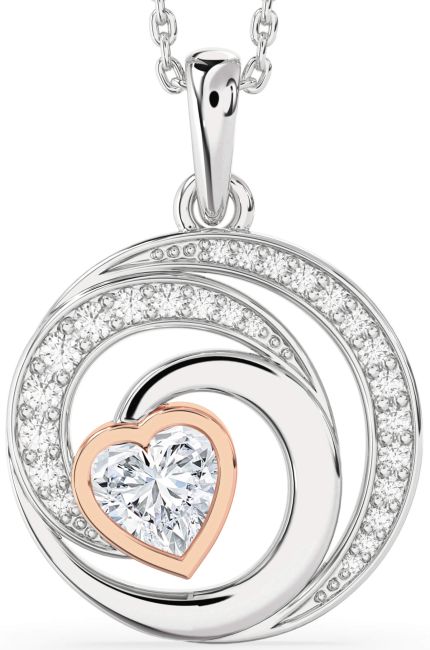 Diamond Rose Gold Silver Circle Heart Necklace