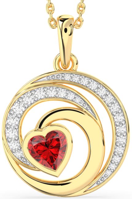 Diamond Ruby Gold Circle Heart Necklace