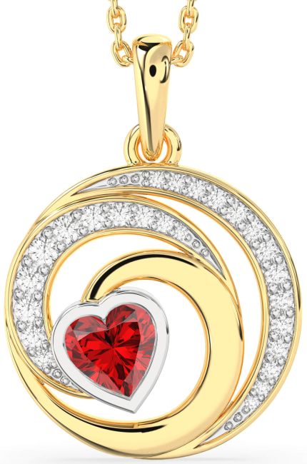 Diamond Ruby Gold Silver Circle Heart Necklace