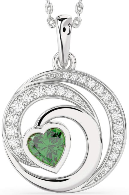 Diamond Emerald Silver Circle Heart Necklace