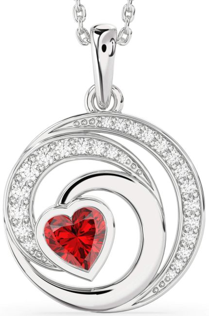 Diamond Ruby Silver Circle Heart Necklace