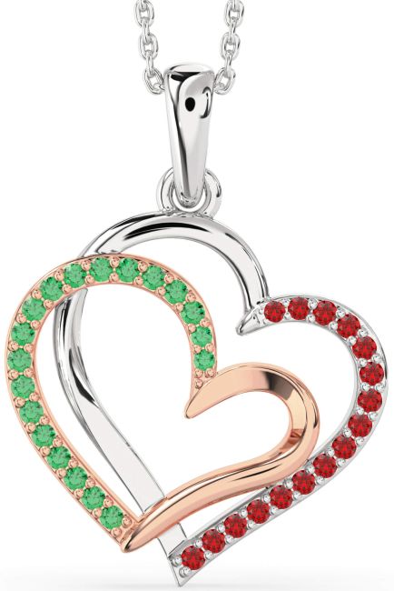 Large Emerald & Ruby Rose Gold Silver Heart Necklace