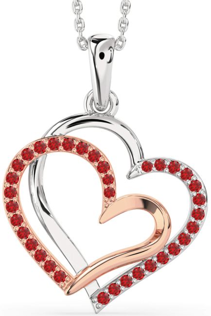 Large Ruby Rose Gold Silver Heart Necklace