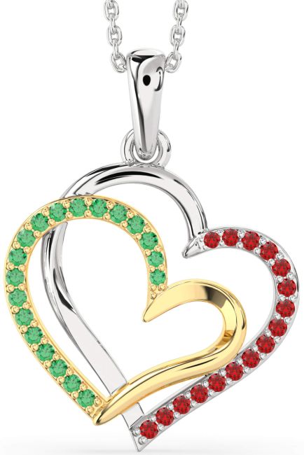 Large Emerald & Ruby Gold Silver Heart Necklace