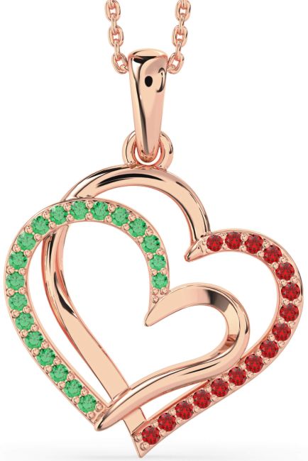Large Emerald & Ruby Rose Gold Heart Necklace