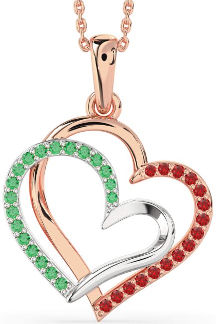 Large Emerald & Ruby Rose Gold Silver Heart Necklace