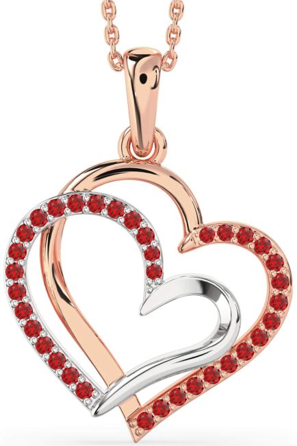 Large Ruby Rose Gold Silver Heart Necklace