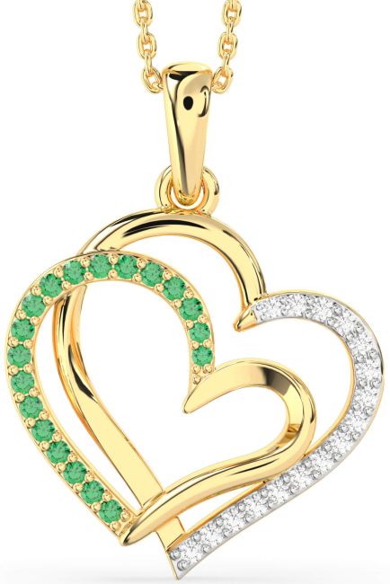 Large Diamond & Emerald Gold Heart Necklace