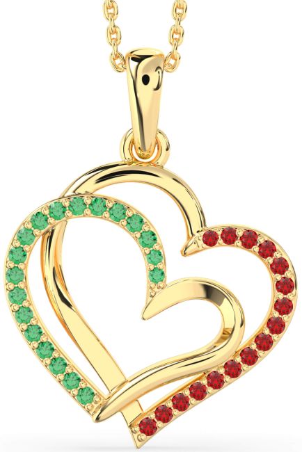 Large Emerald & Ruby Gold Heart Necklace