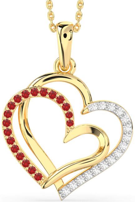 Large Diamond & Ruby Gold Heart Necklace