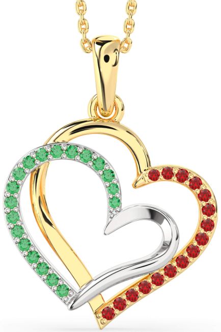 Large Emerald & Ruby Gold Silver Heart Necklace