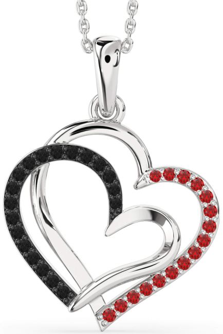 Large Black Diamond & Ruby Silver Heart Necklace