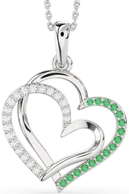 Large Emerald & Diamond Silver Heart Necklace