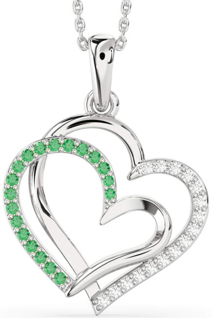 Large Diamond & Emerald Silver Heart Necklace