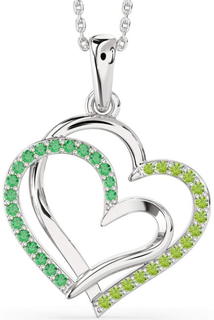 Large Emerald & Peridot Silver Heart Necklace