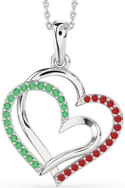 Large Emerald & Ruby Silver Heart Necklace