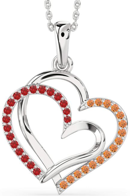 Large Ruby & Citrine Silver Heart Necklace