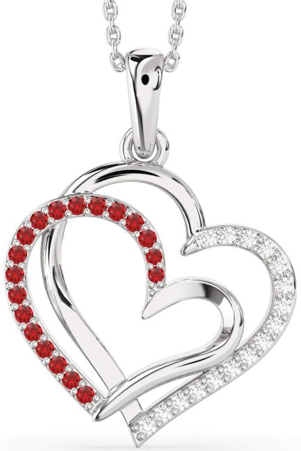 Large Diamond & Ruby Silver Heart Necklace